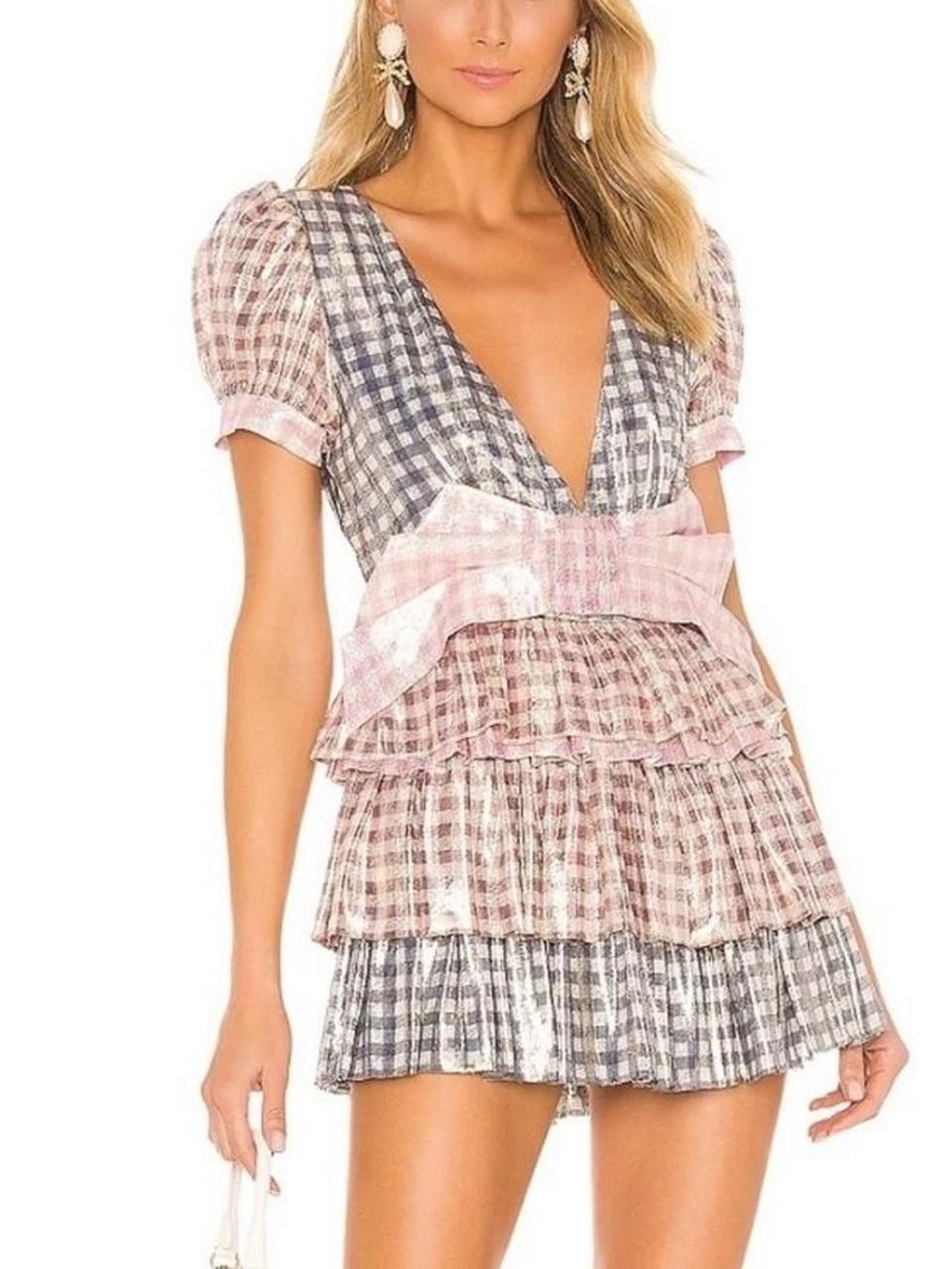 LoveShackFancy Metallic Plaid Tiered Mini Dress with Bow
